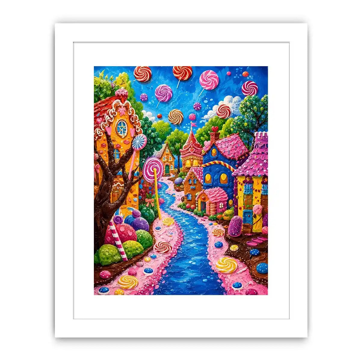 Colorful candyland fantasy village wall art for kids room, playroom, and whimsical nursery decor.
