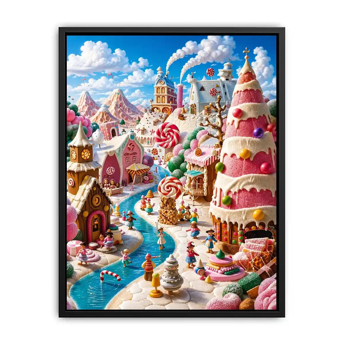 Whimsical candy kingdom wall art with pastel candy houses for kids room and fantasy-inspired decor.
