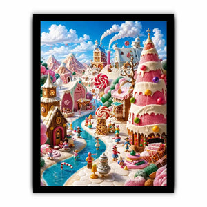 Whimsical candy kingdom wall art with pastel candy houses for kids room and fantasy-inspired decor.