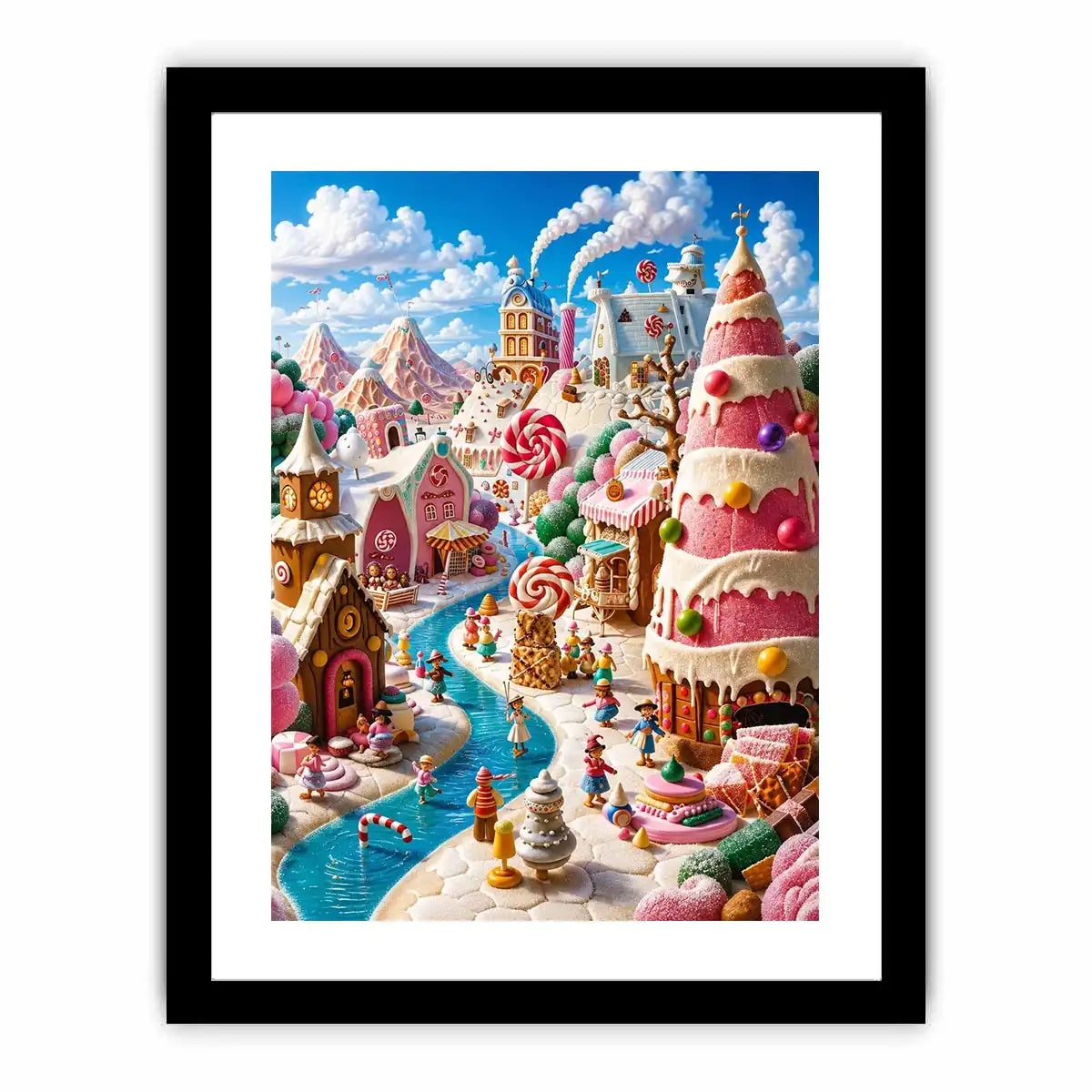 Whimsical candy kingdom wall art with pastel candy houses for kids room and fantasy-inspired decor.