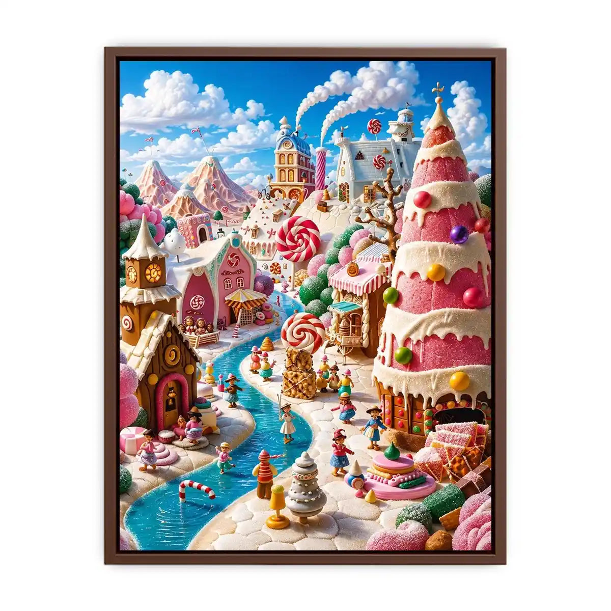 Whimsical candy kingdom wall art with pastel candy houses for kids room and fantasy-inspired decor.