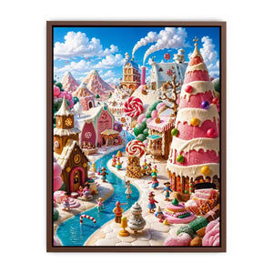 Whimsical candy kingdom wall art with pastel candy houses for kids room and fantasy-inspired decor.