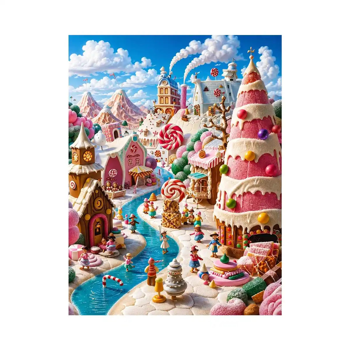 Whimsical candy kingdom wall art with pastel candy houses for kids room and fantasy-inspired decor.