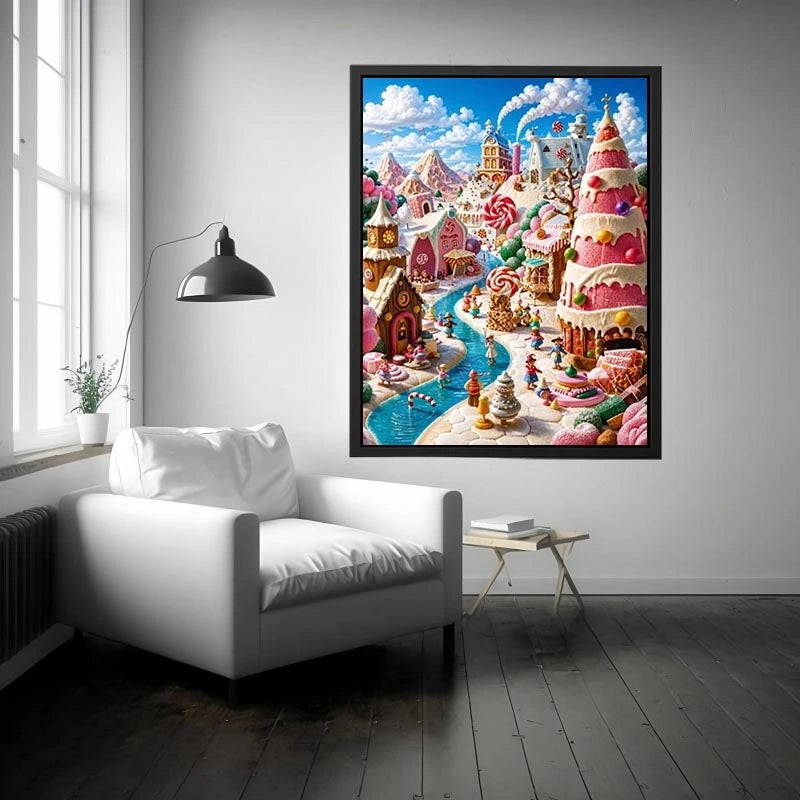 Whimsical candy kingdom wall art with pastel candy houses for kids room and fantasy-inspired decor.