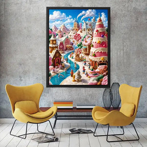 Whimsical candy kingdom wall art with pastel candy houses for kids room and fantasy-inspired decor.