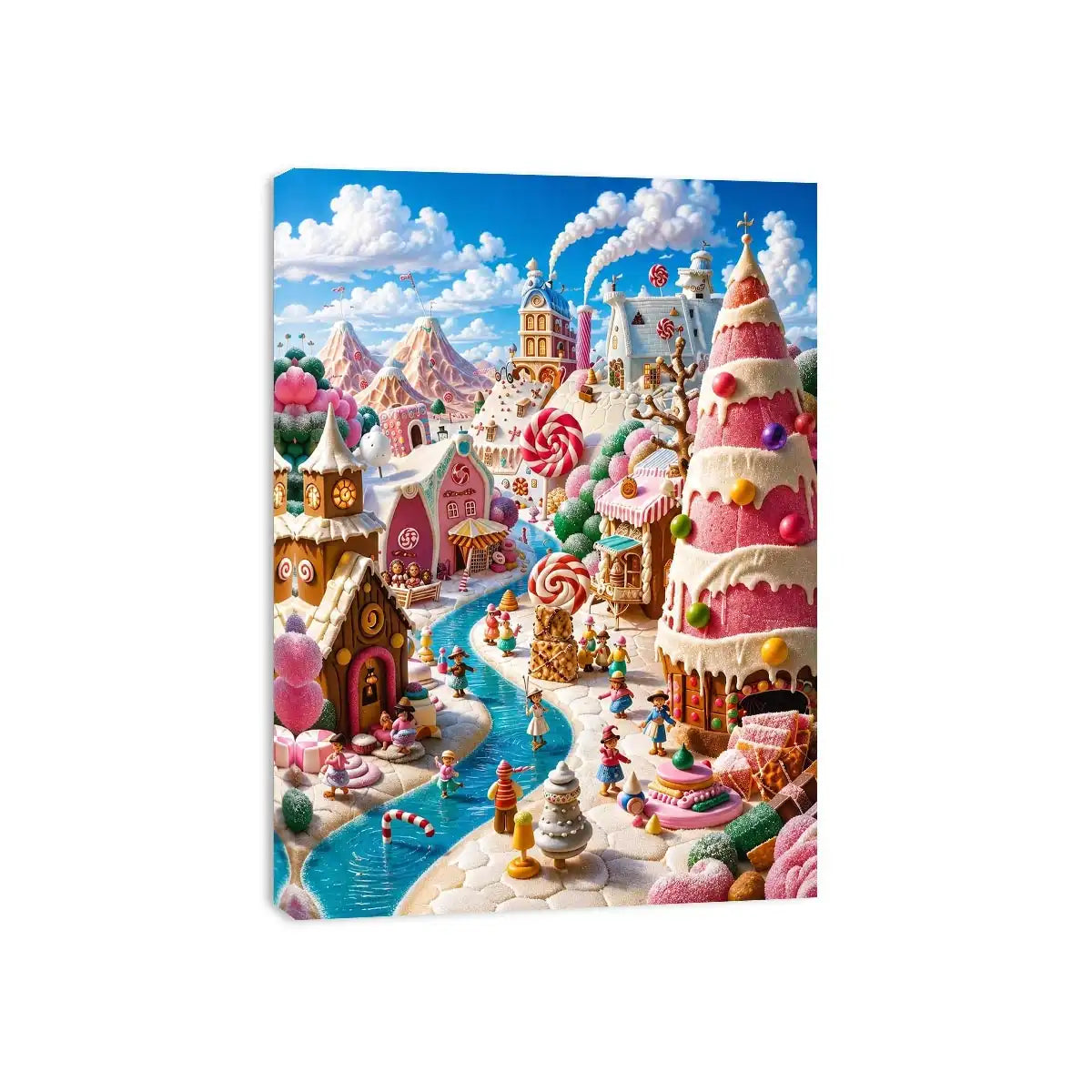 Whimsical candy kingdom wall art with pastel candy houses for kids room and fantasy-inspired decor.