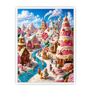 Whimsical candy kingdom wall art with pastel candy houses for kids room and fantasy-inspired decor.