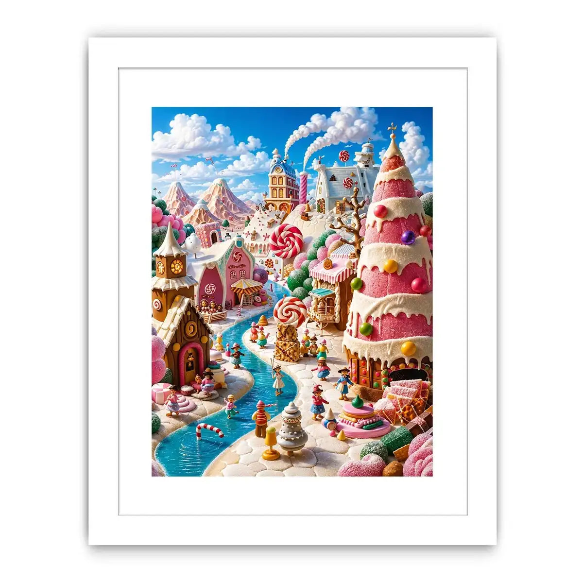 Whimsical candy kingdom wall art with pastel candy houses for kids room and fantasy-inspired decor.
