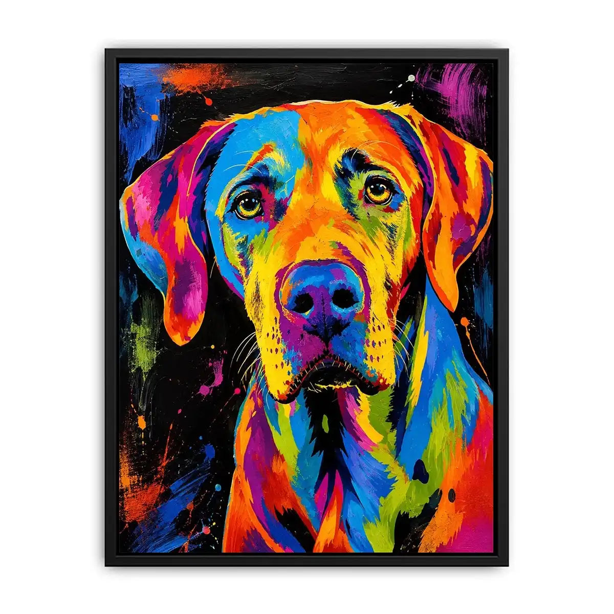 Colorful neon pop art dog portrait wall art for modern living room and creative studio decor.