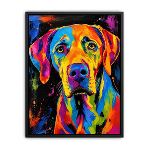 Colorful neon pop art dog portrait wall art for modern living room and creative studio decor.