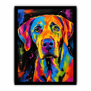 Colorful neon pop art dog portrait wall art for modern living room and creative studio decor.