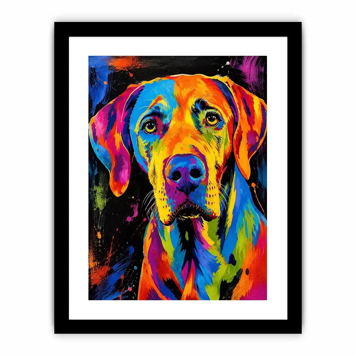 Colorful neon pop art dog portrait wall art for modern living room and creative studio decor.