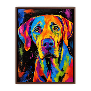 Colorful neon pop art dog portrait wall art for modern living room and creative studio decor.