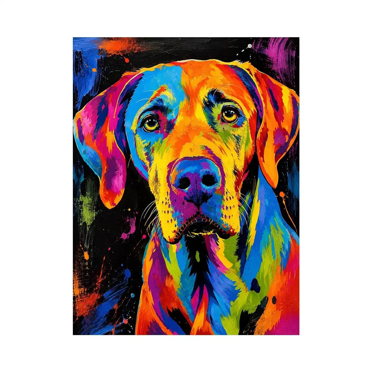 Colorful neon pop art dog portrait wall art for modern living room and creative studio decor.