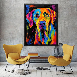 Colorful neon pop art dog portrait wall art for modern living room and creative studio decor.