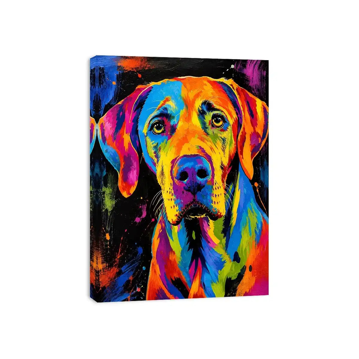 Colorful neon pop art dog portrait wall art for modern living room and creative studio decor.