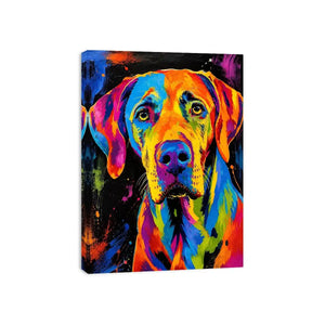 Colorful neon pop art dog portrait wall art for modern living room and creative studio decor.