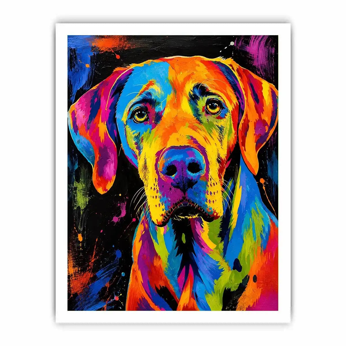 Colorful neon pop art dog portrait wall art for modern living room and creative studio decor.