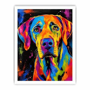 Colorful neon pop art dog portrait wall art for modern living room and creative studio decor.