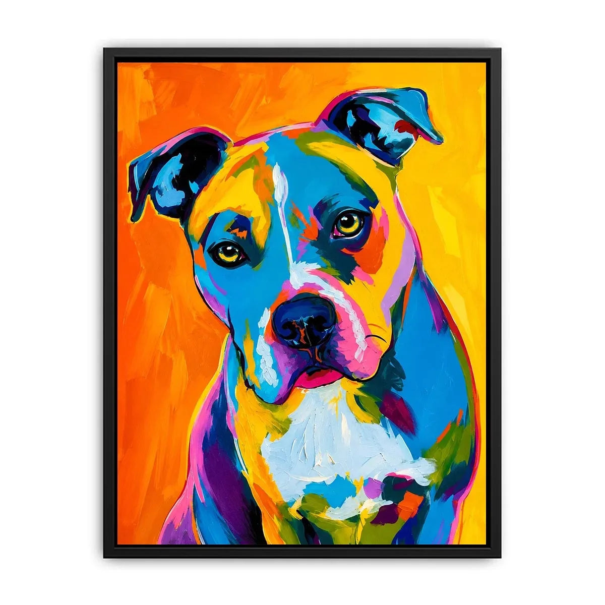 Colorful pop art dog portrait wall art for modern living room and vibrant contemporary interiors.