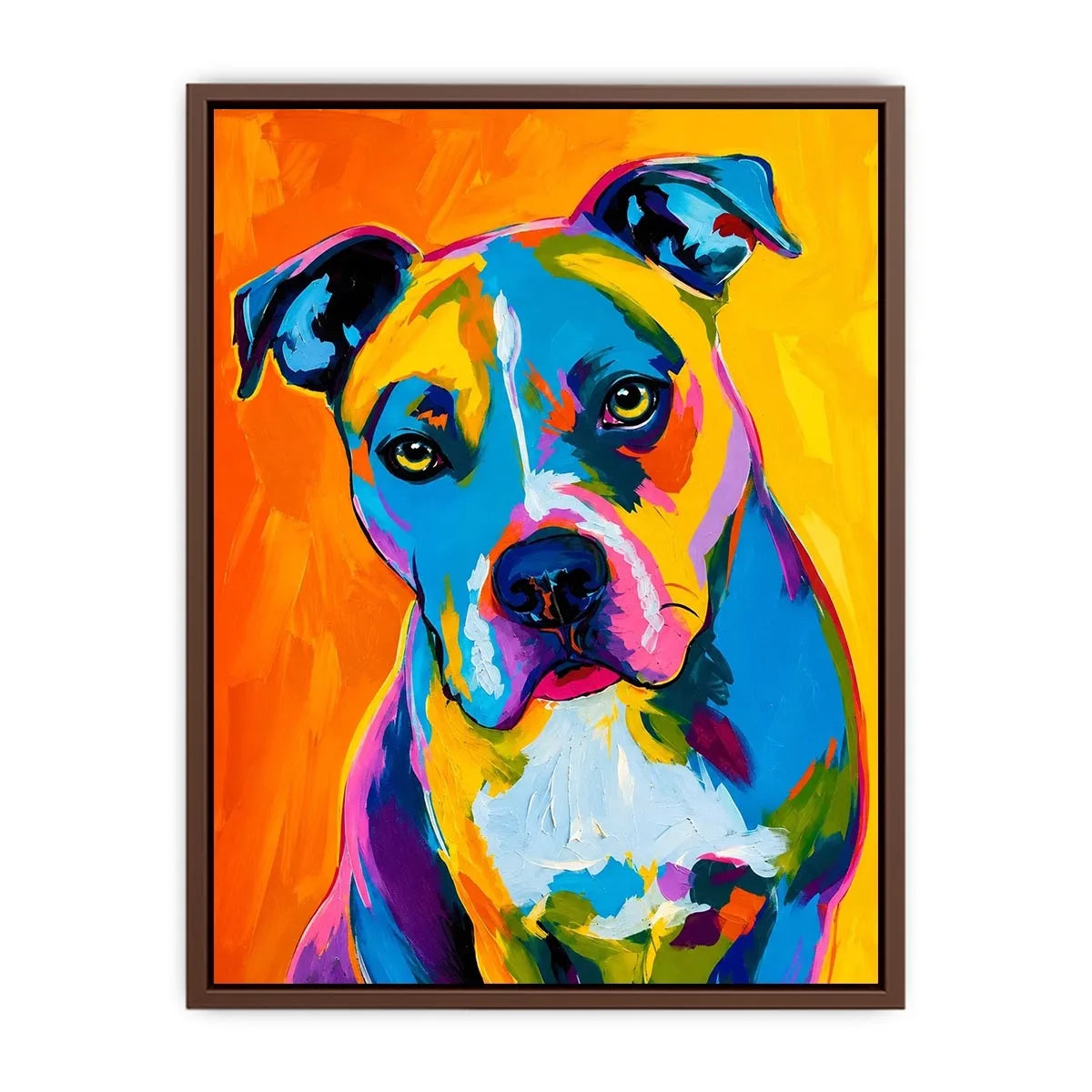 Colorful pop art dog portrait wall art for modern living room and vibrant contemporary interiors.