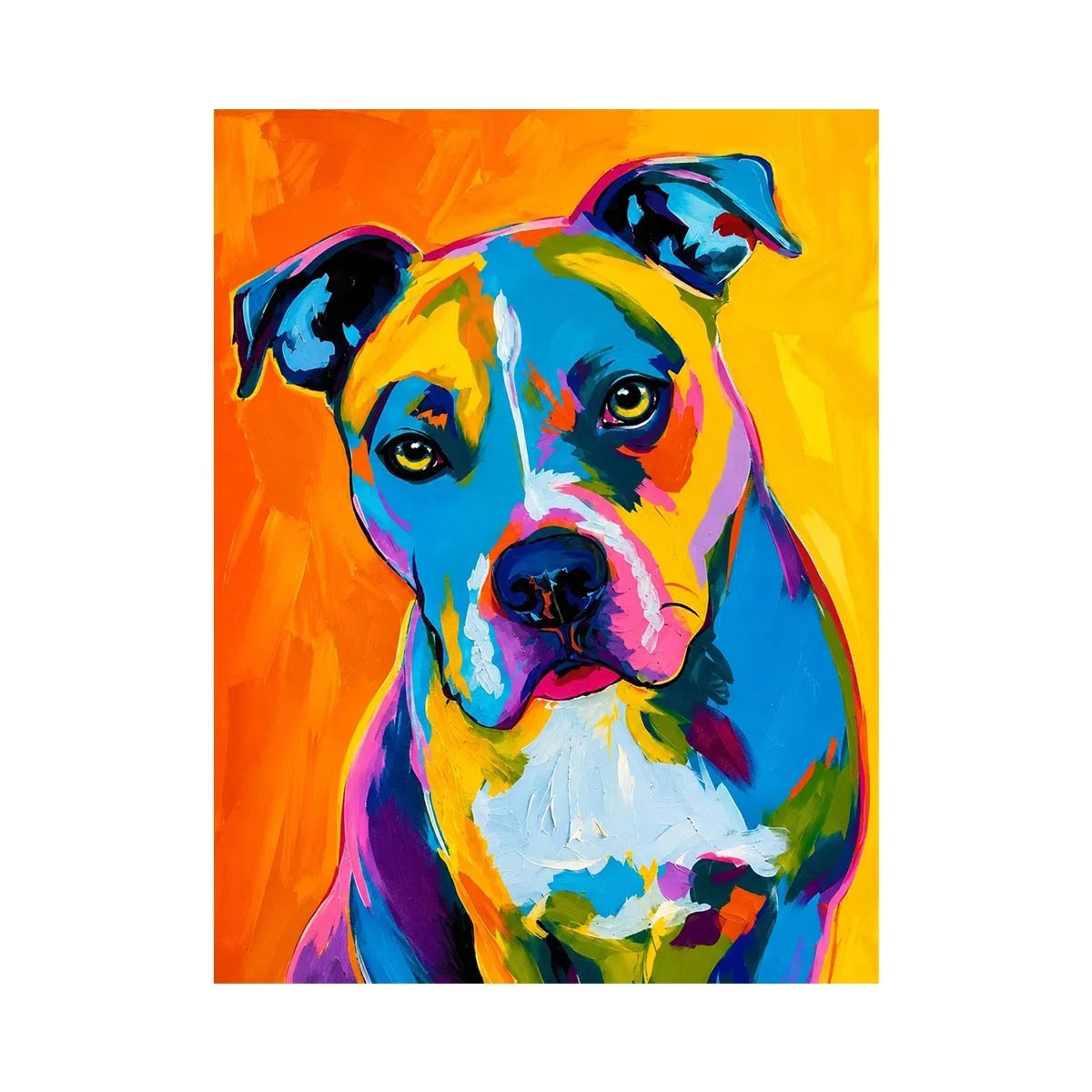 Colorful pop art dog portrait wall art for modern living room and vibrant contemporary interiors.