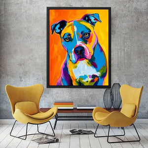 Colorful pop art dog portrait wall art for modern living room and vibrant contemporary interiors.