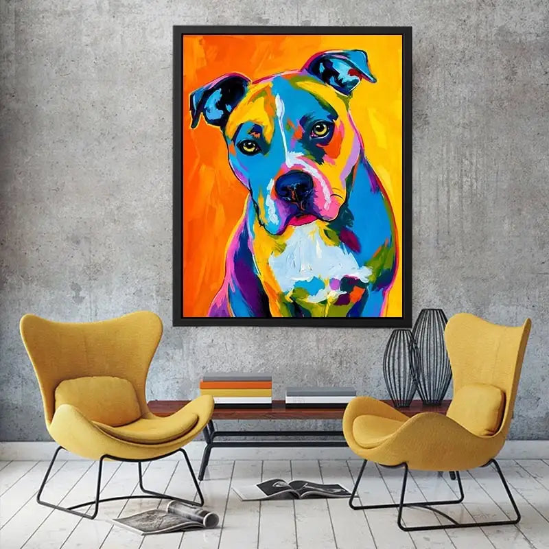 Colorful pop art dog portrait wall art for modern living room and vibrant contemporary interiors.
