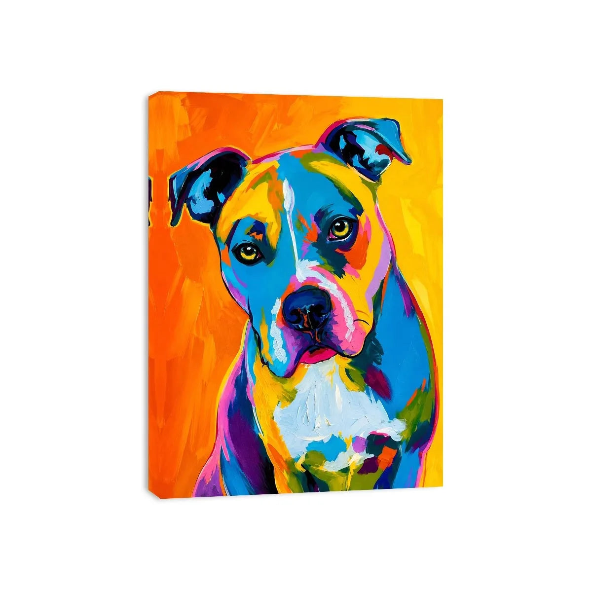 Colorful pop art dog portrait wall art for modern living room and vibrant contemporary interiors.