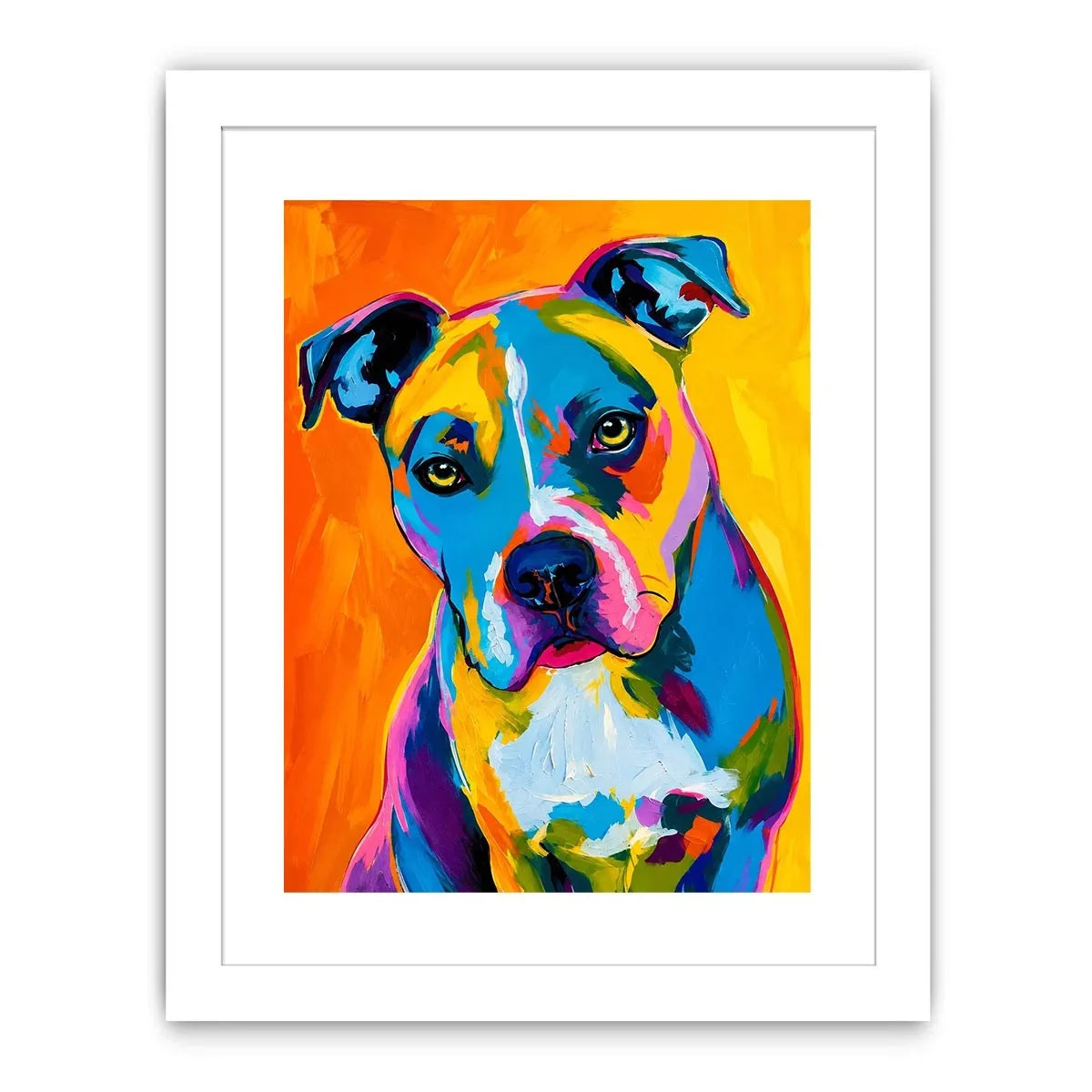 Colorful pop art dog portrait wall art for modern living room and vibrant contemporary interiors.