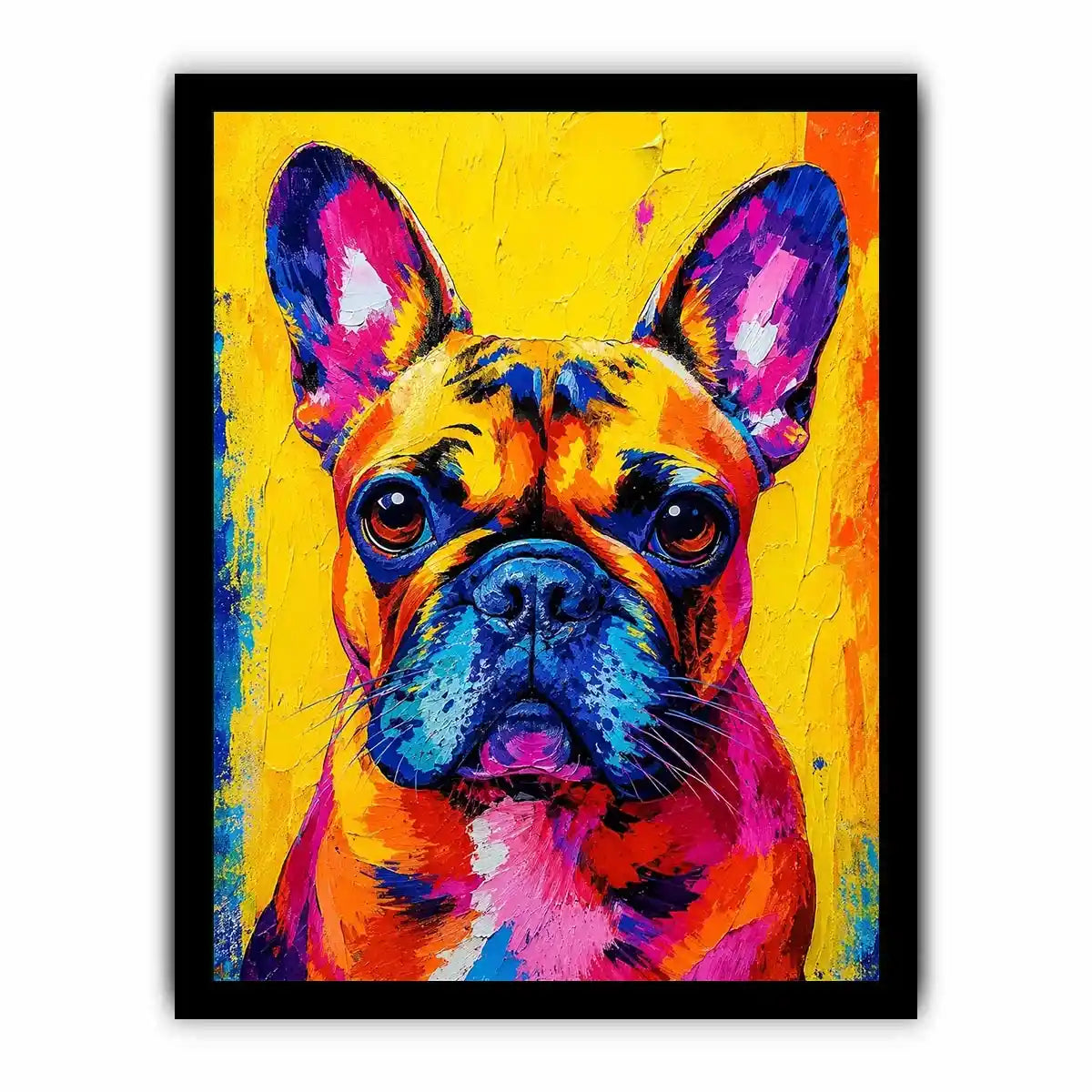 Colorful French Bulldog pop art wall art for modern living room and vibrant contemporary decor.