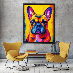 Colorful French Bulldog pop art wall art for modern living room and vibrant contemporary decor.