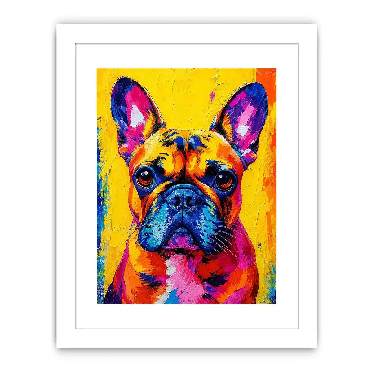 Colorful French Bulldog pop art wall art for modern living room and vibrant contemporary decor.