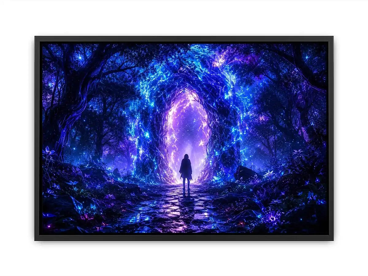 Glowing celestial portal inside a mystical blue forest fantasy artwork