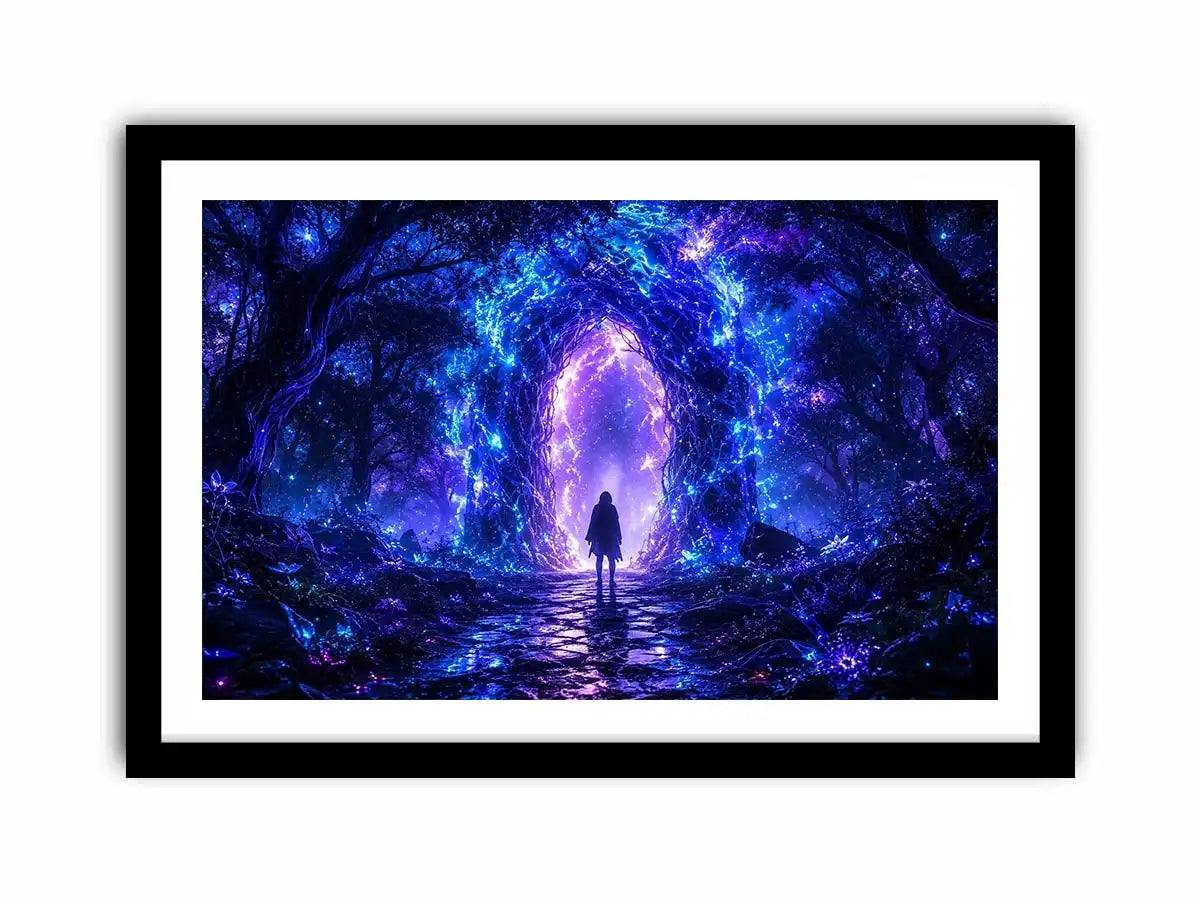 Glowing celestial portal inside a mystical blue forest fantasy artwork