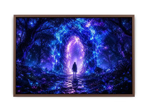 Glowing celestial portal inside a mystical blue forest fantasy artwork