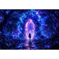 Glowing celestial portal inside a mystical blue forest fantasy artwork