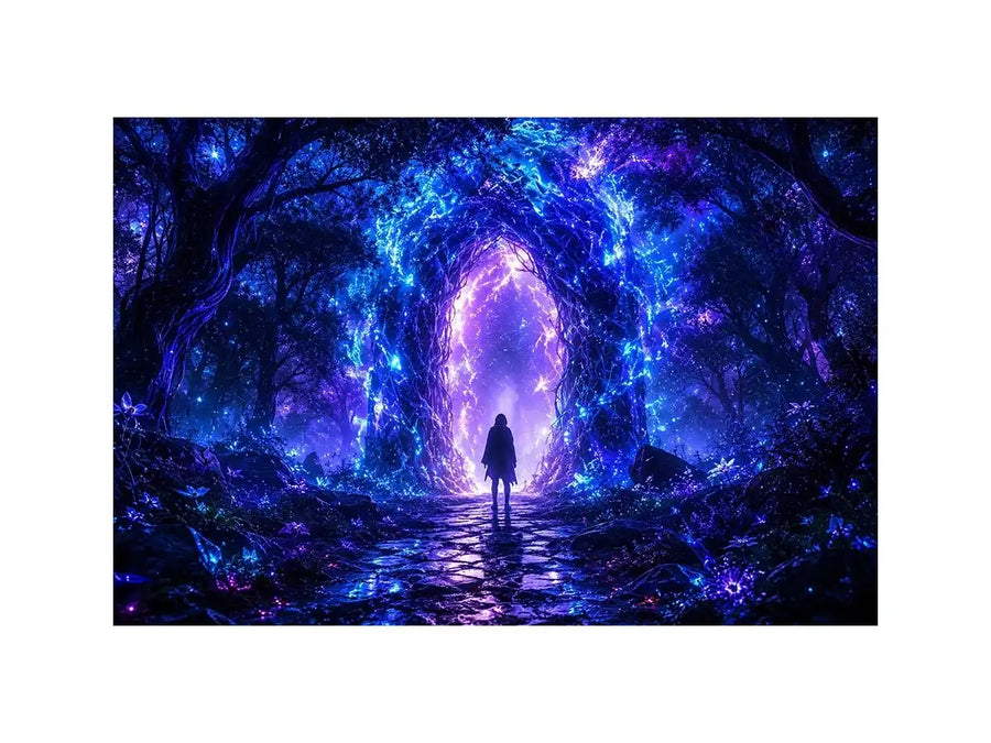 Glowing celestial portal inside a mystical blue forest fantasy artwork