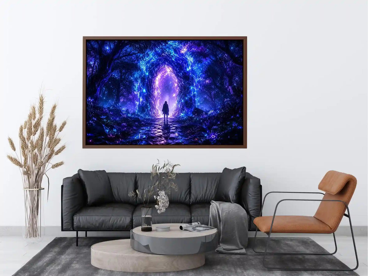 Glowing celestial portal inside a mystical blue forest fantasy artwork
