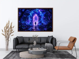 Glowing celestial portal inside a mystical blue forest fantasy artwork