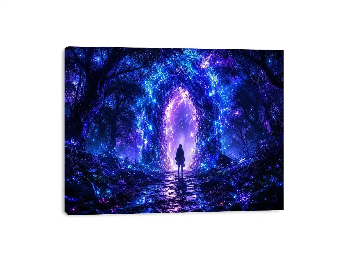 Glowing celestial portal inside a mystical blue forest fantasy artwork