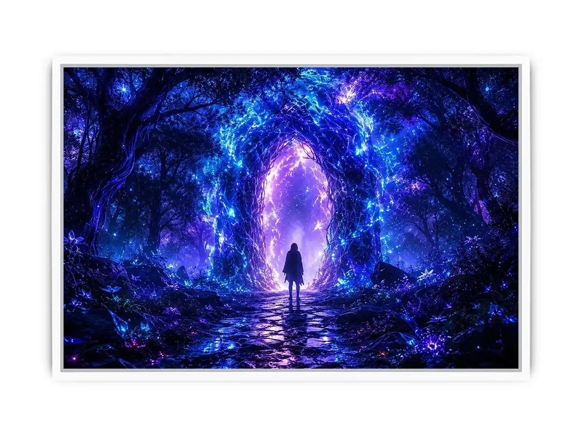 Glowing celestial portal inside a mystical blue forest fantasy artwork