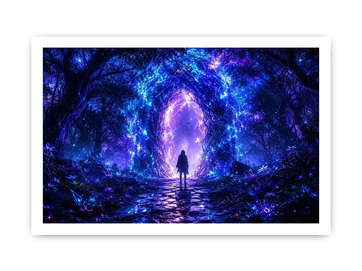Glowing celestial portal inside a mystical blue forest fantasy artwork