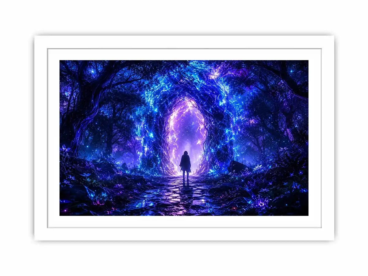 Glowing celestial portal inside a mystical blue forest fantasy artwork