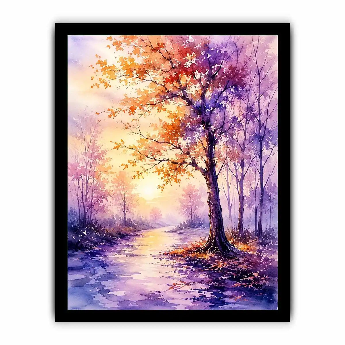 Watercolor autumn pathway with purple and orange trees