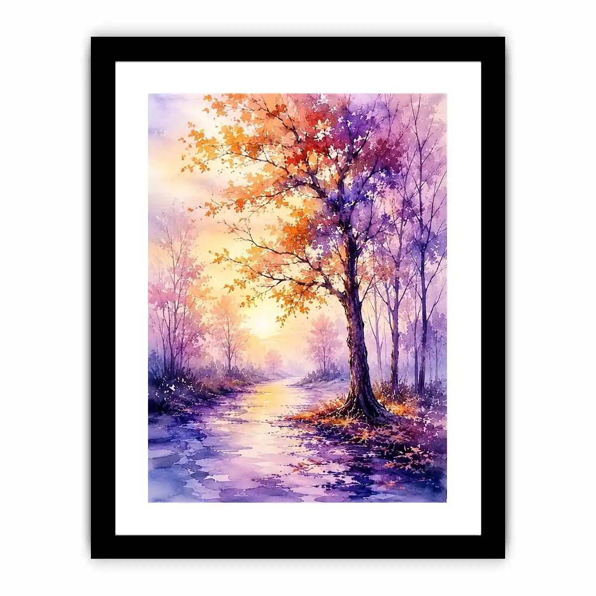 Watercolor autumn pathway with purple and orange trees