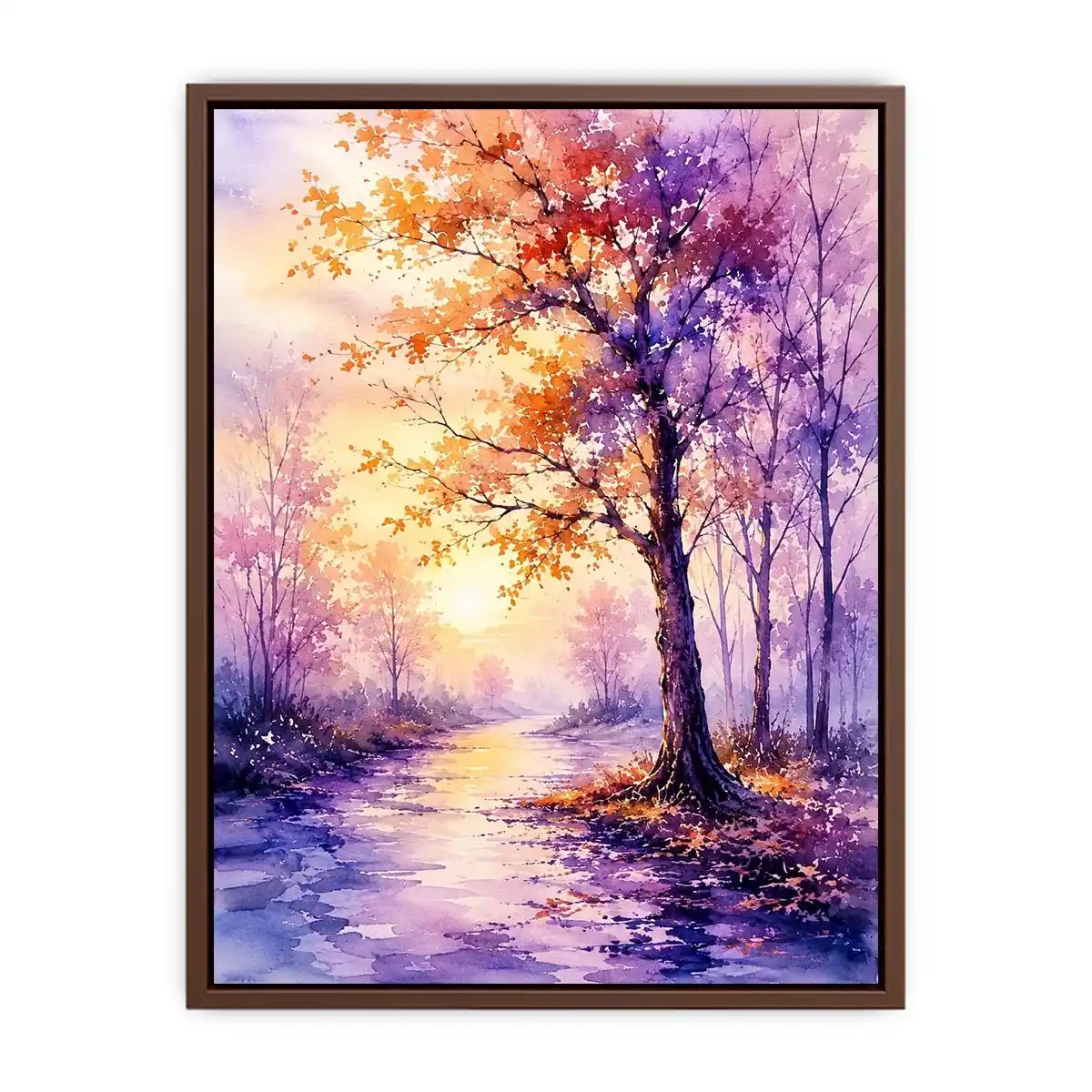 Watercolor autumn pathway with purple and orange trees