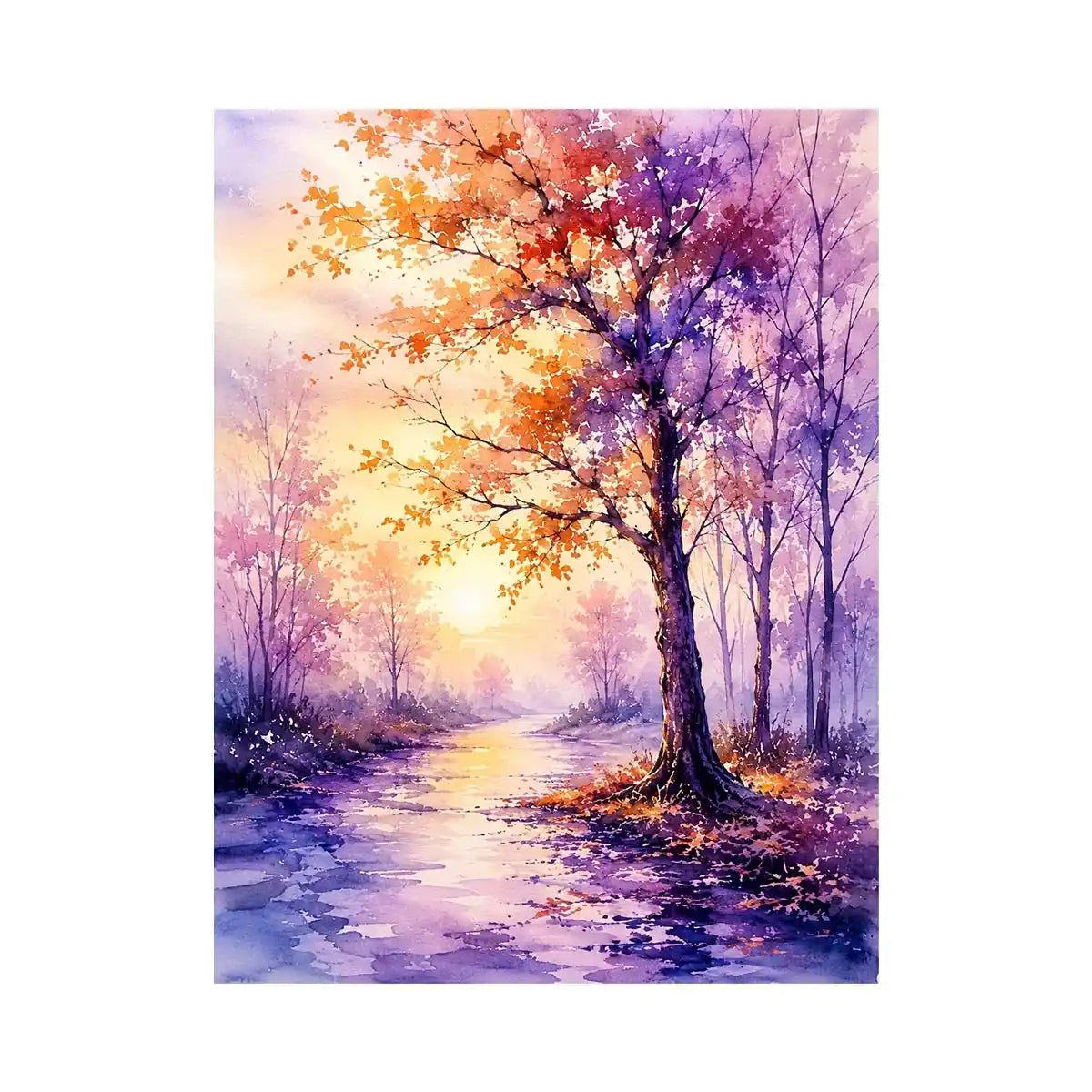Watercolor autumn pathway with purple and orange trees