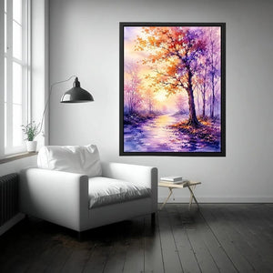 Watercolor autumn pathway with purple and orange trees