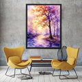 Watercolor autumn pathway with purple and orange trees